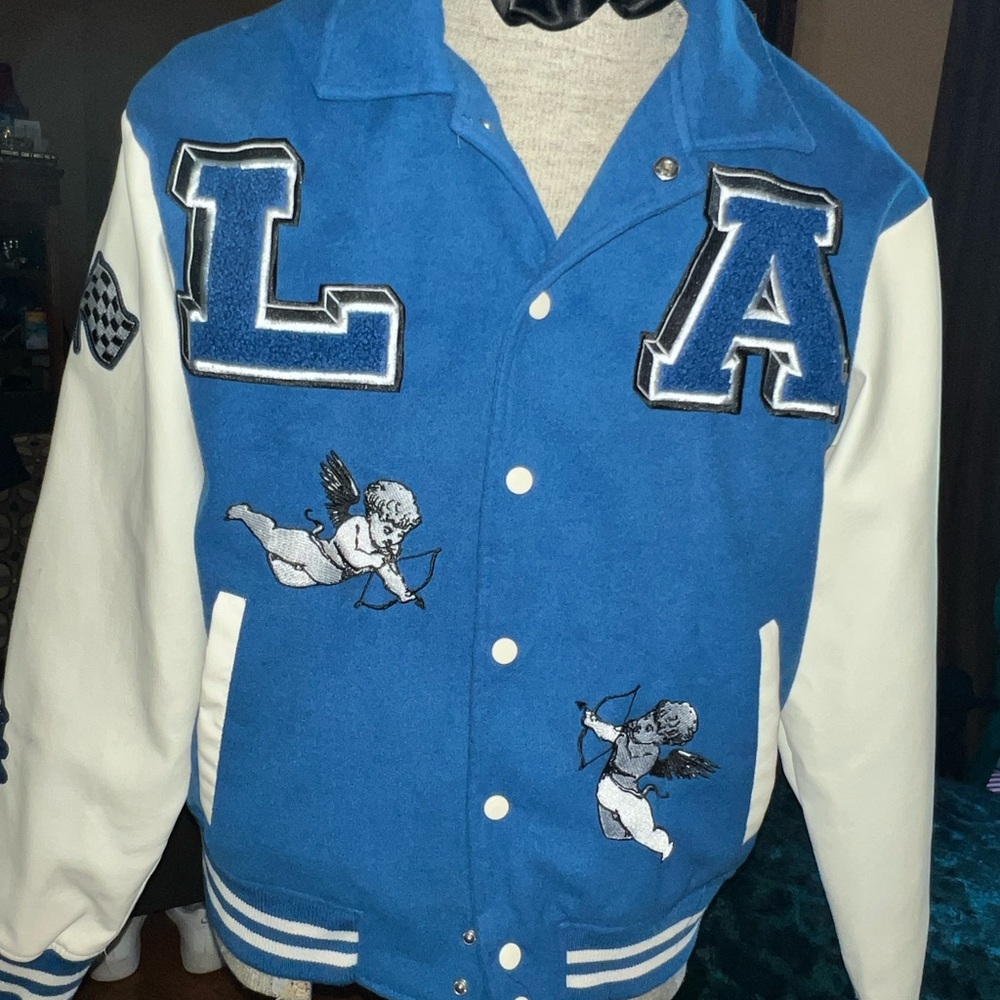 Blue and White Varsity Jacket with Cherub Design